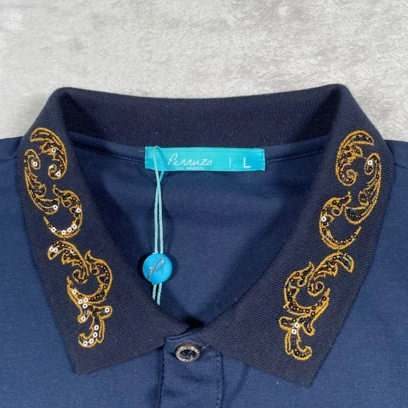 Perruzo Men's Navy Blue Stretch Polo Shirt L Embellished Collar Short Sleeve - Picture 3 of 6
